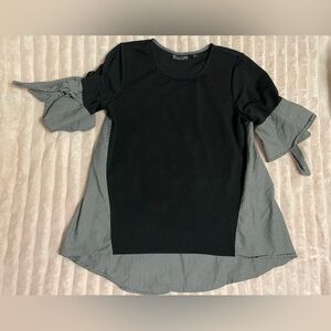 New York & Company dark Navy Blouse with Striped Sleeves